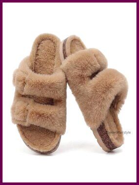 Women's Fuzzy Faux Fur Cork Footbed Slide Slippers Adjustable Buckle